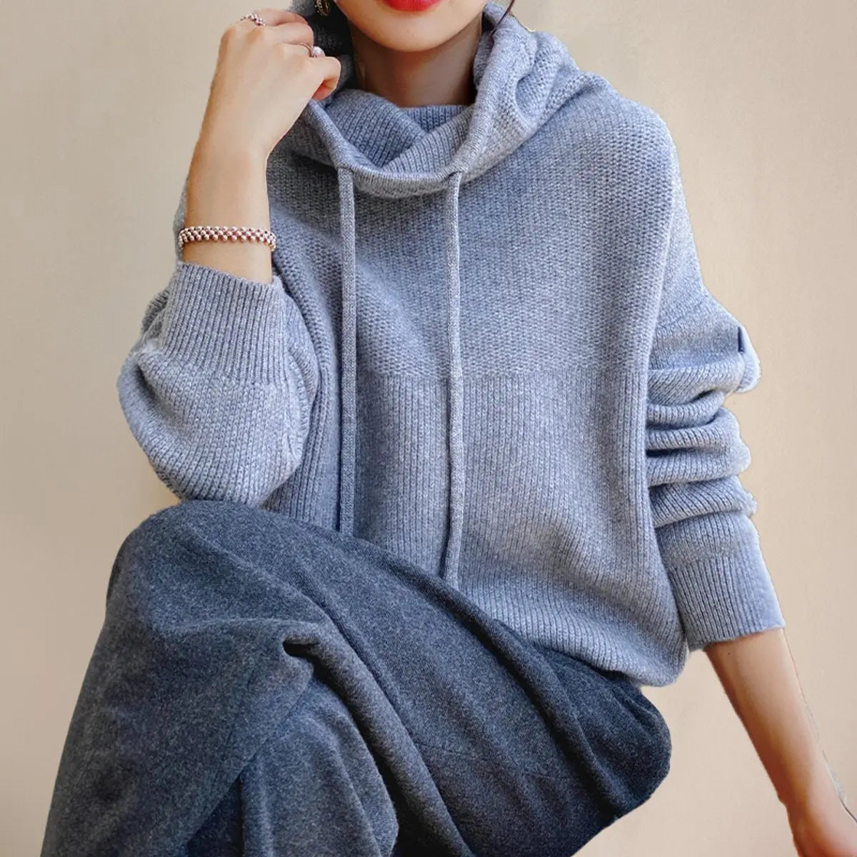 Women's Oversized Hooded Knit Turtleneck Sweater