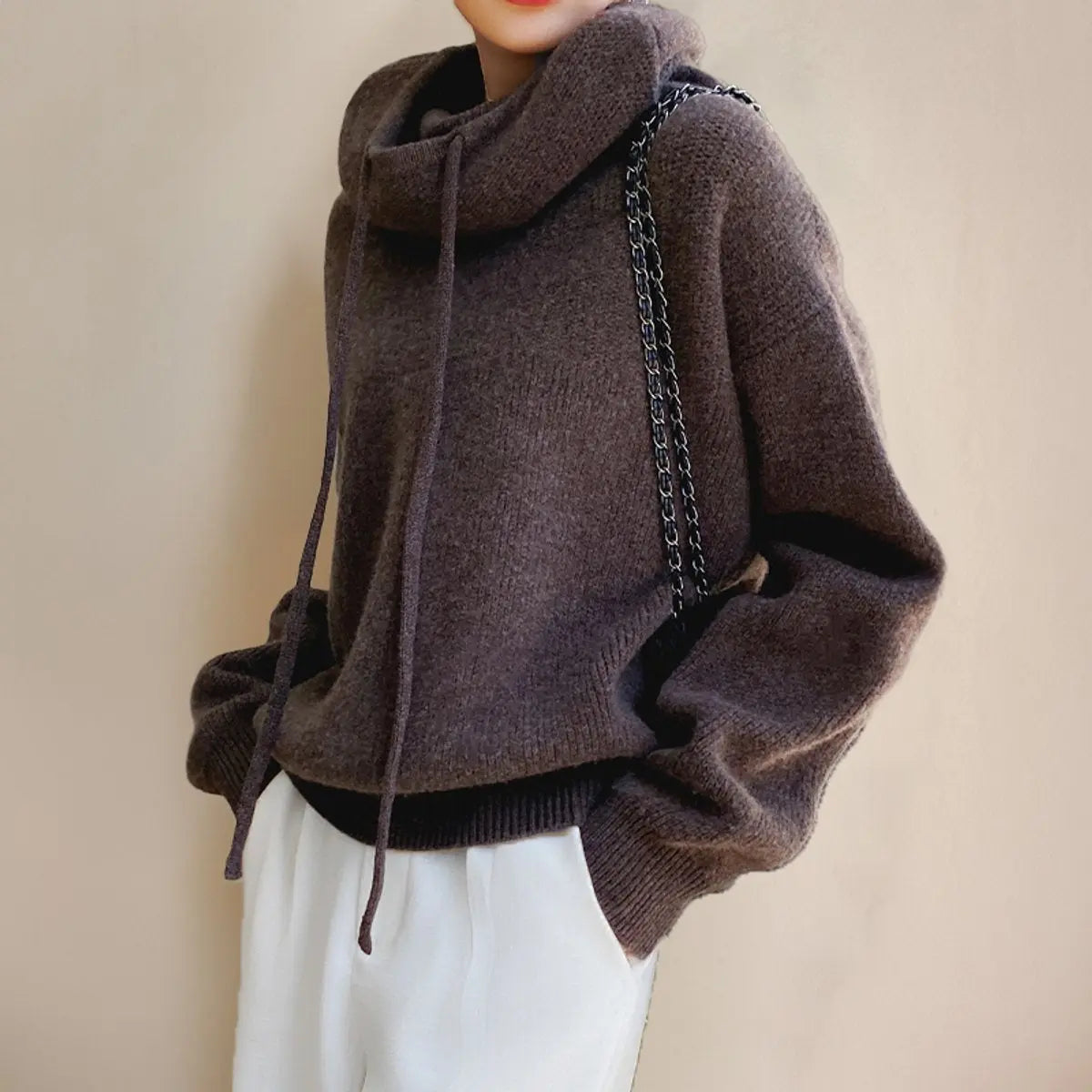 Women's Oversized Hooded Knit Turtleneck Sweater