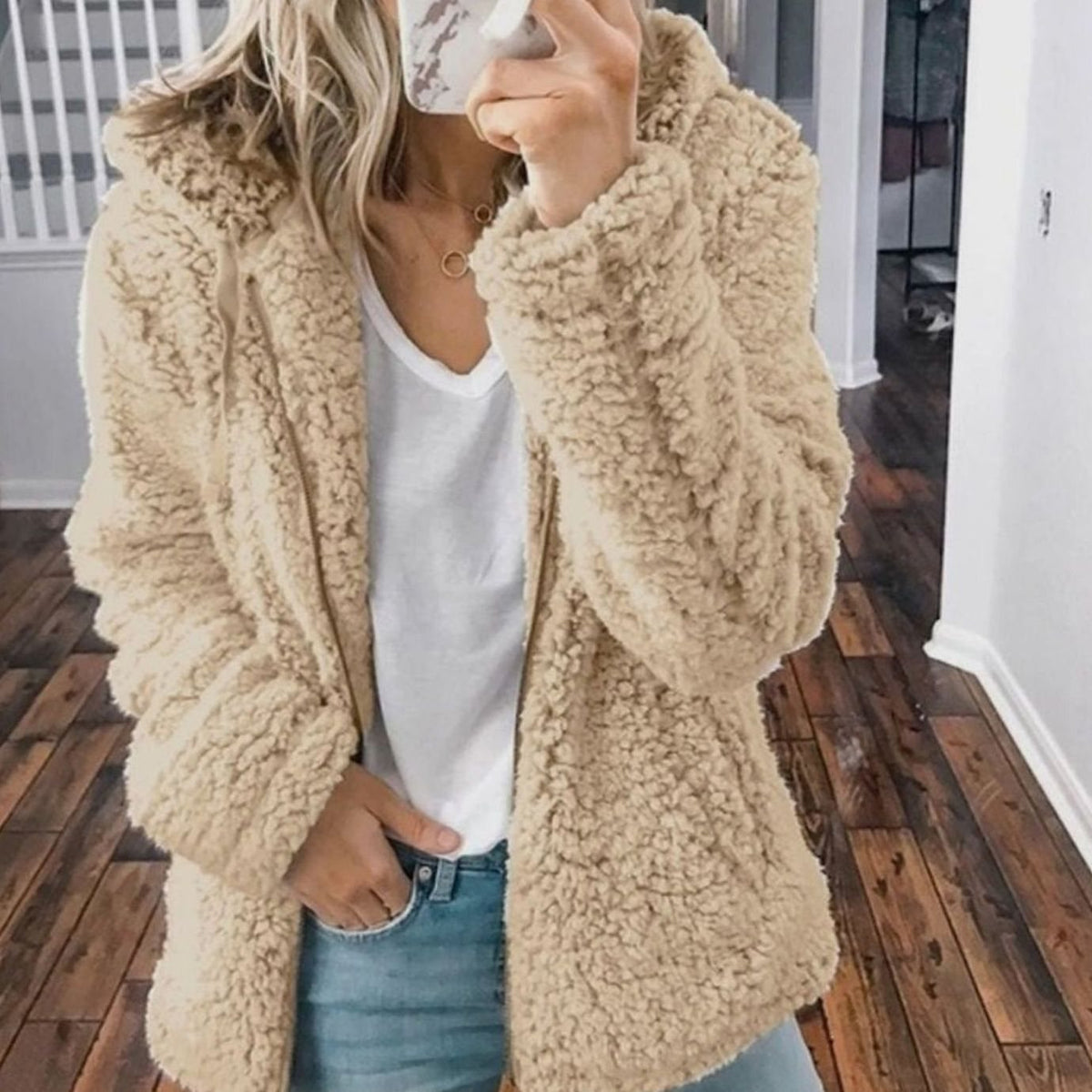 Women's Oversized Hooded Teddy Fleece Coat, Beige - Beige