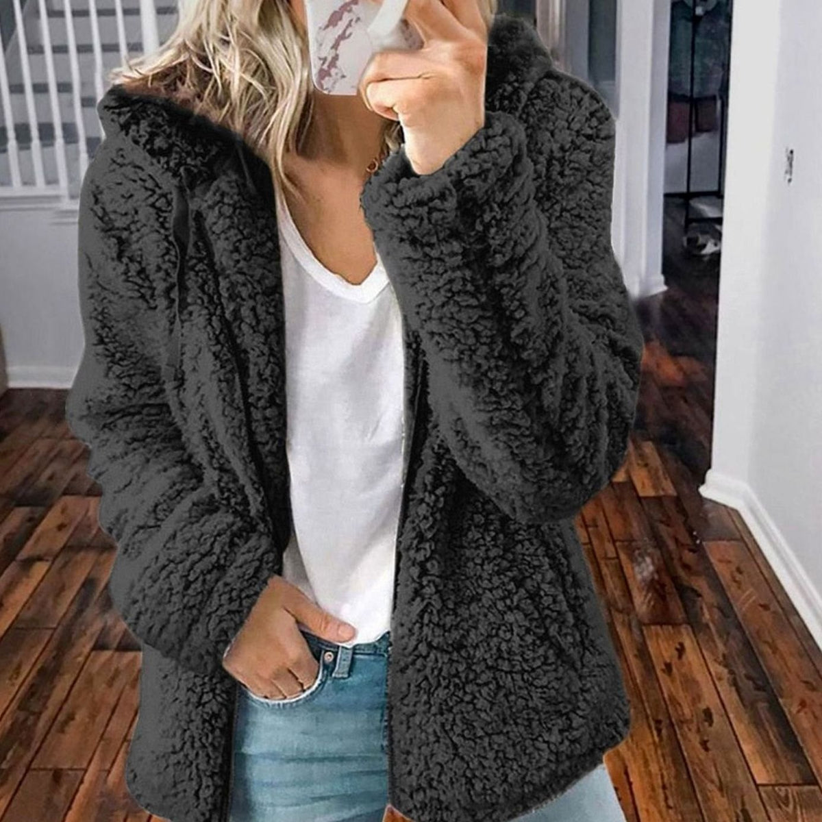 Women's Oversized Hooded Teddy Fleece Coat, Beige - Black