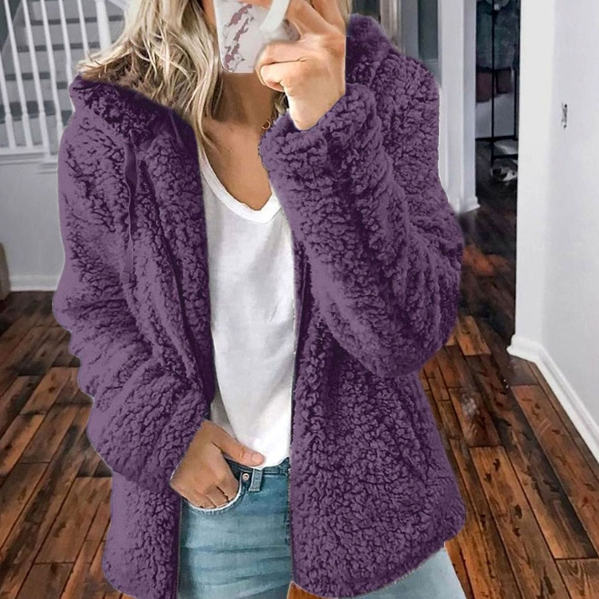 Women's Oversized Hooded Teddy Fleece Coat, Beige - Lilac