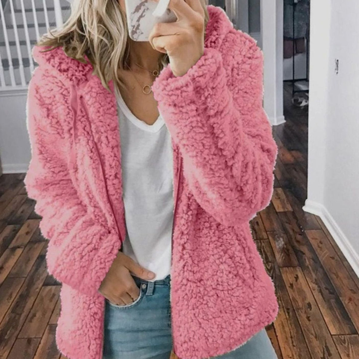 Women's Oversized Hooded Teddy Fleece Coat, Beige - Pink