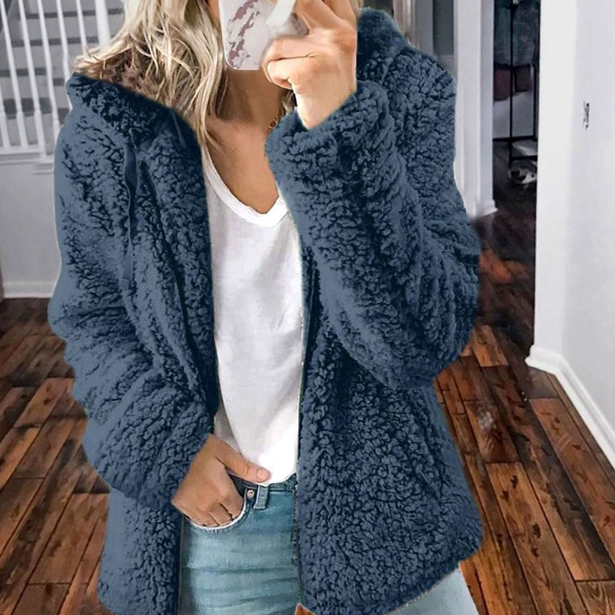 Women's Oversized Hooded Teddy Fleece Coat, Beige - Blue