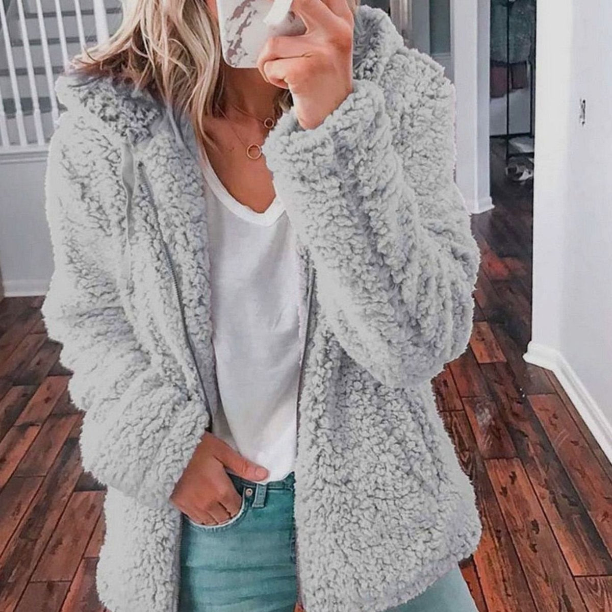 Women's Oversized Hooded Teddy Fleece Coat, Beige - Light Grey