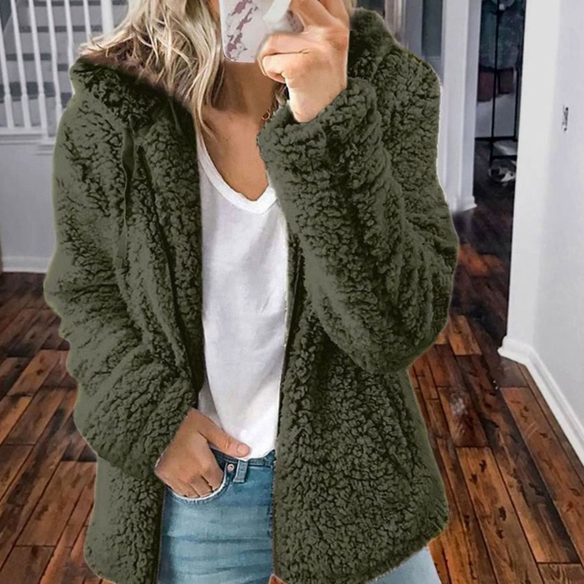 Women's Oversized Hooded Teddy Fleece Coat, Beige - Green