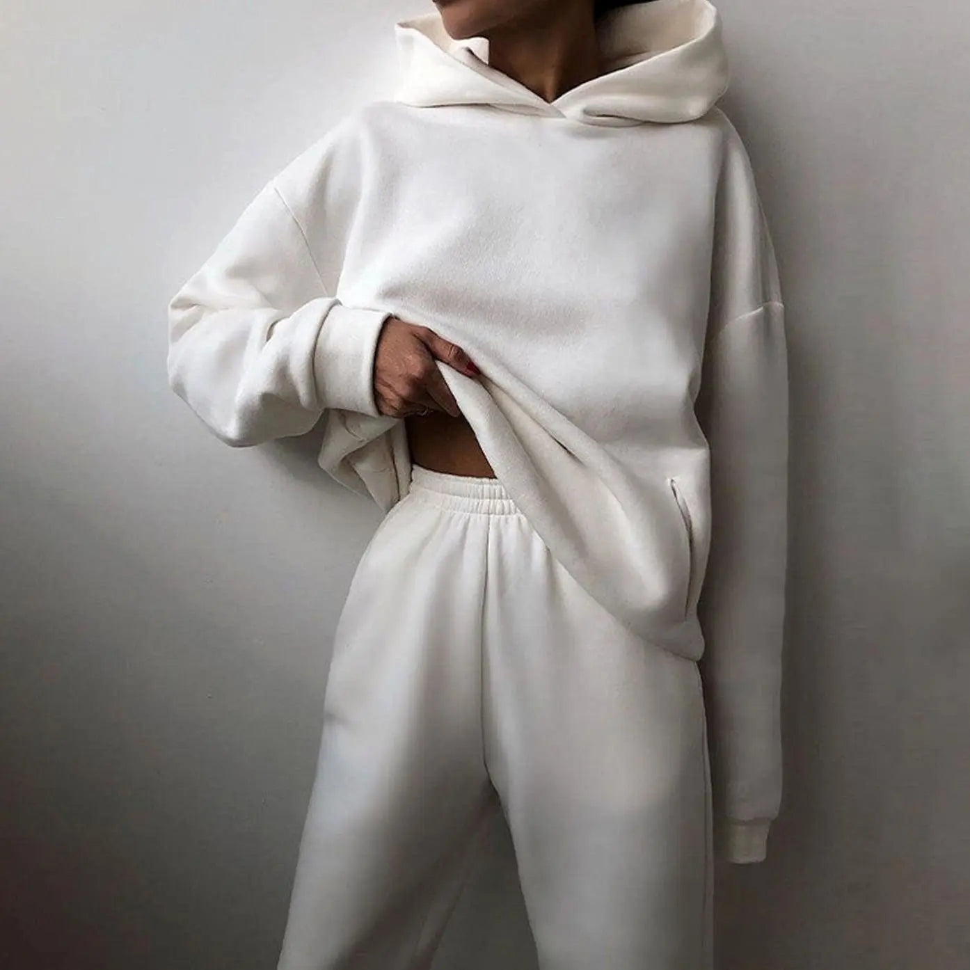 Women's Oversized Hoodie High-Waist Jogger Two-Piece Set - White