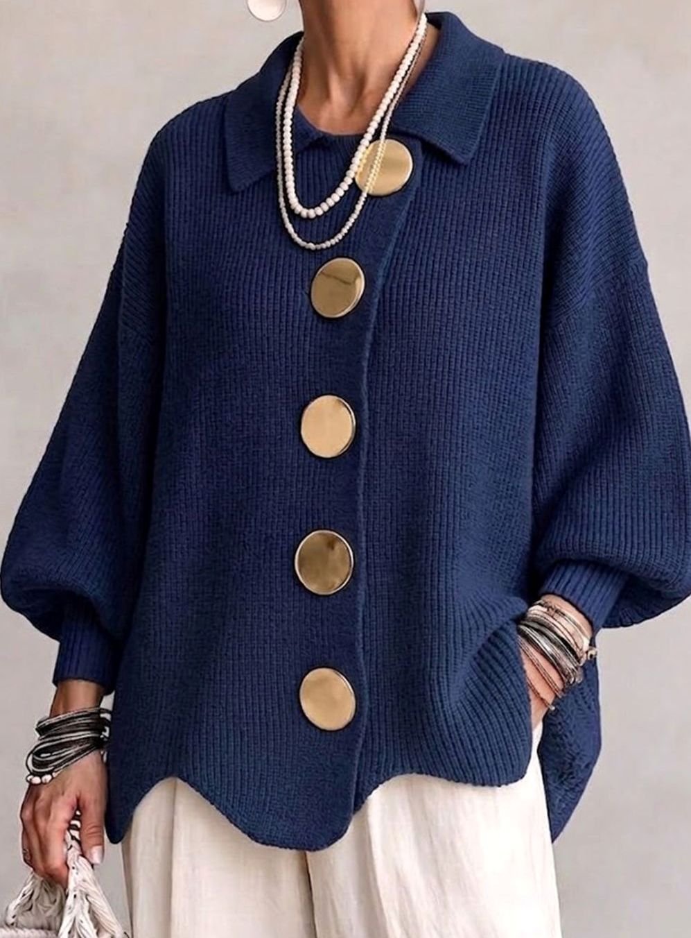 Women's Oversized Knit Cardigan Gold Button Lantern Sleeve Jumper - Navy Blue