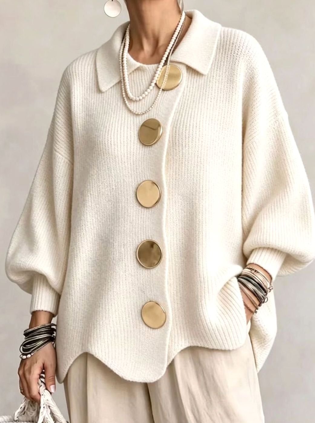 Women's Oversized Knit Cardigan Gold Button Lantern Sleeve Jumper - Ivory White