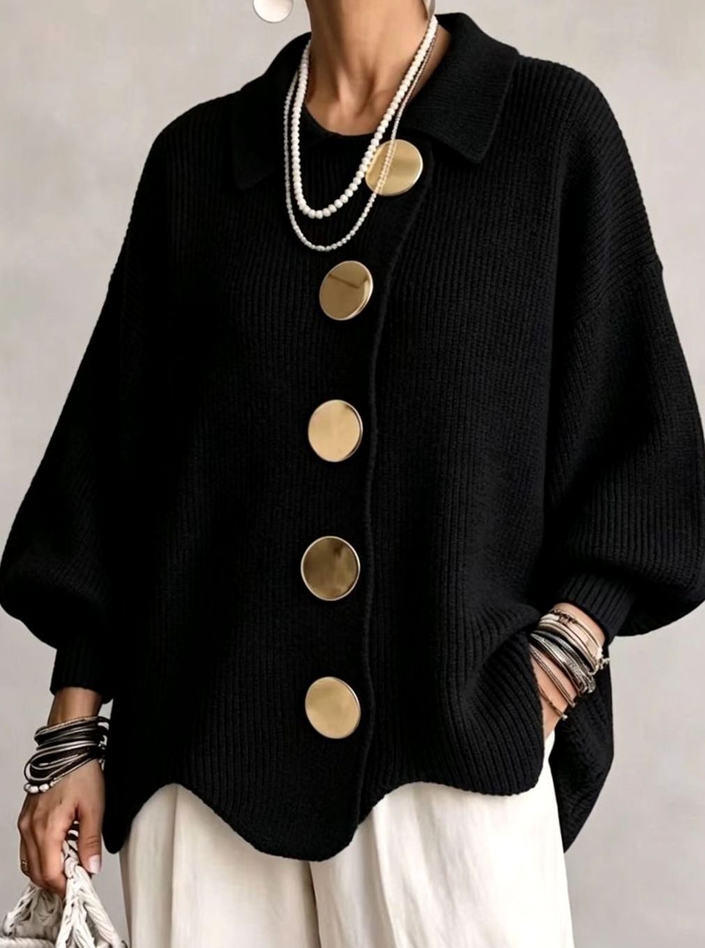Women's Oversized Knit Cardigan Gold Button Lantern Sleeve Jumper - Black