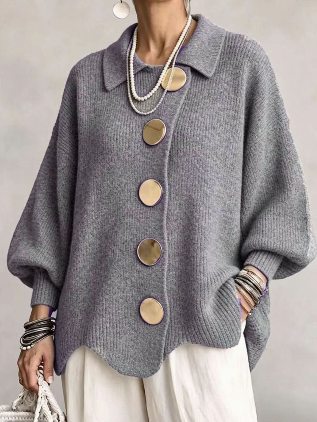 Women's Oversized Knit Cardigan Gold Button Lantern Sleeve Jumper - Grey