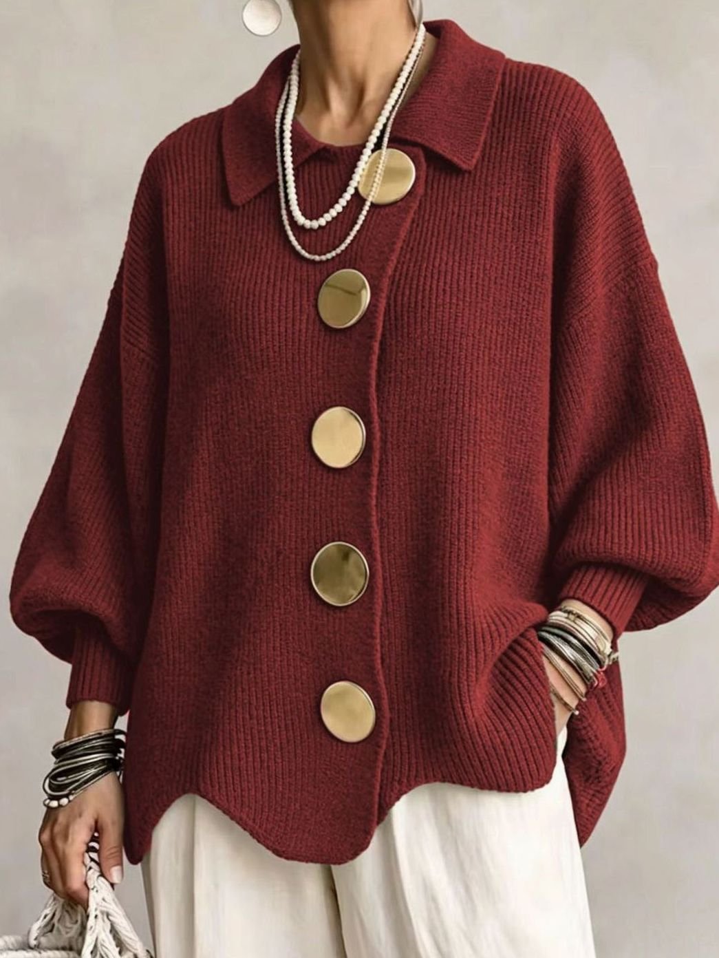 Women's Oversized Knit Cardigan Gold Button Lantern Sleeve Jumper - Red