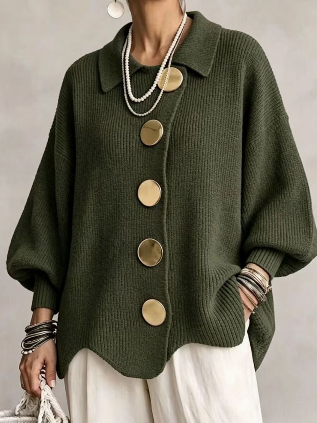 Women's Oversized Knit Cardigan Gold Button Lantern Sleeve Jumper - Olive Green