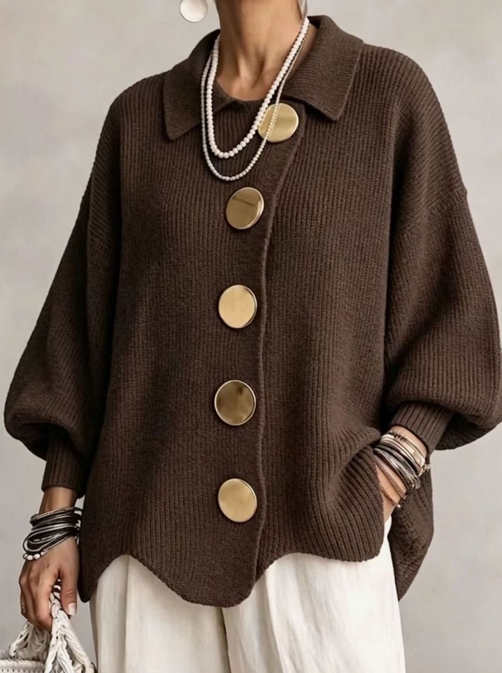 Women's Oversized Knit Cardigan Gold Button Lantern Sleeve Jumper - Mocha