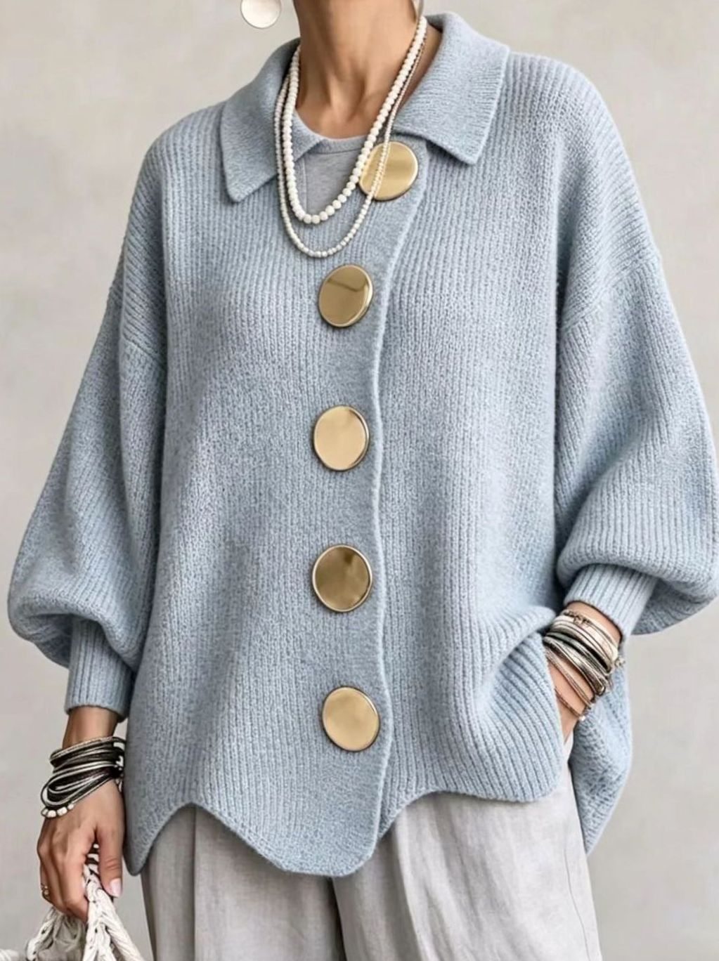 Women's Oversized Knit Cardigan Gold Button Lantern Sleeve Jumper - Sky Blue
