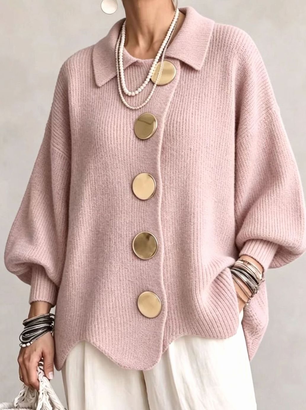 Women's Oversized Knit Cardigan Gold Button Lantern Sleeve Jumper - Powder Pink