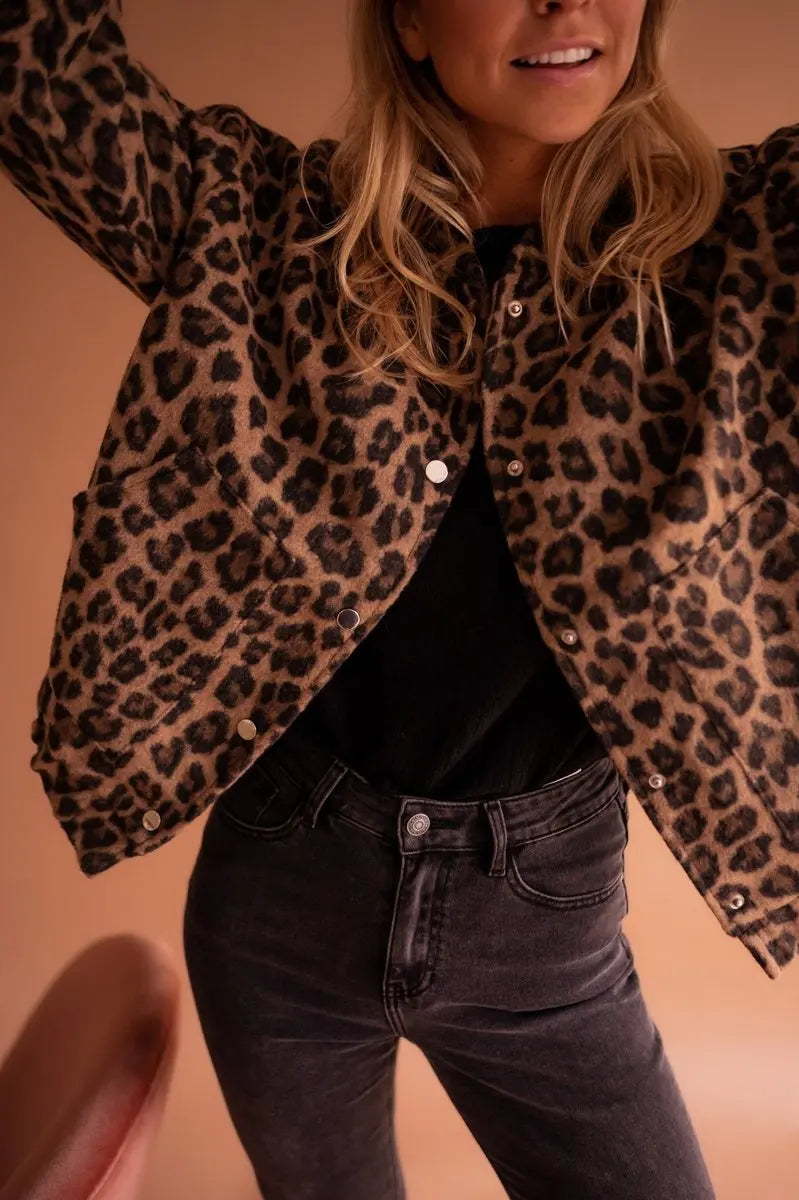 Women's Oversized Leopard Print Quilted Jacket Press-Stud Fastening