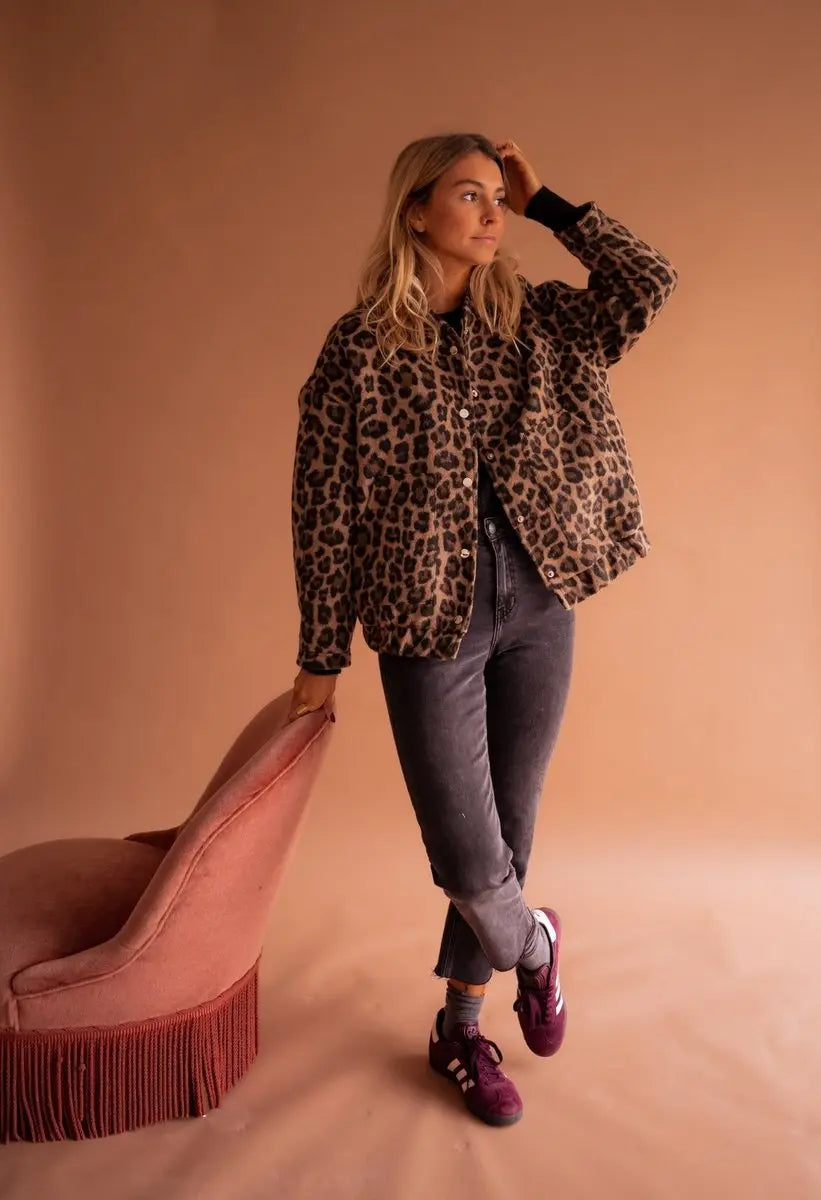 Women's Oversized Leopard Print Quilted Jacket Press-Stud Fastening