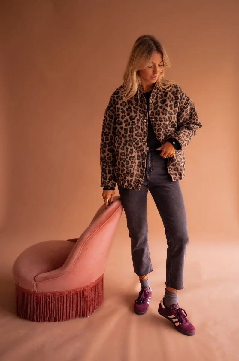 Women's Oversized Leopard Print Quilted Jacket Press-Stud Fastening