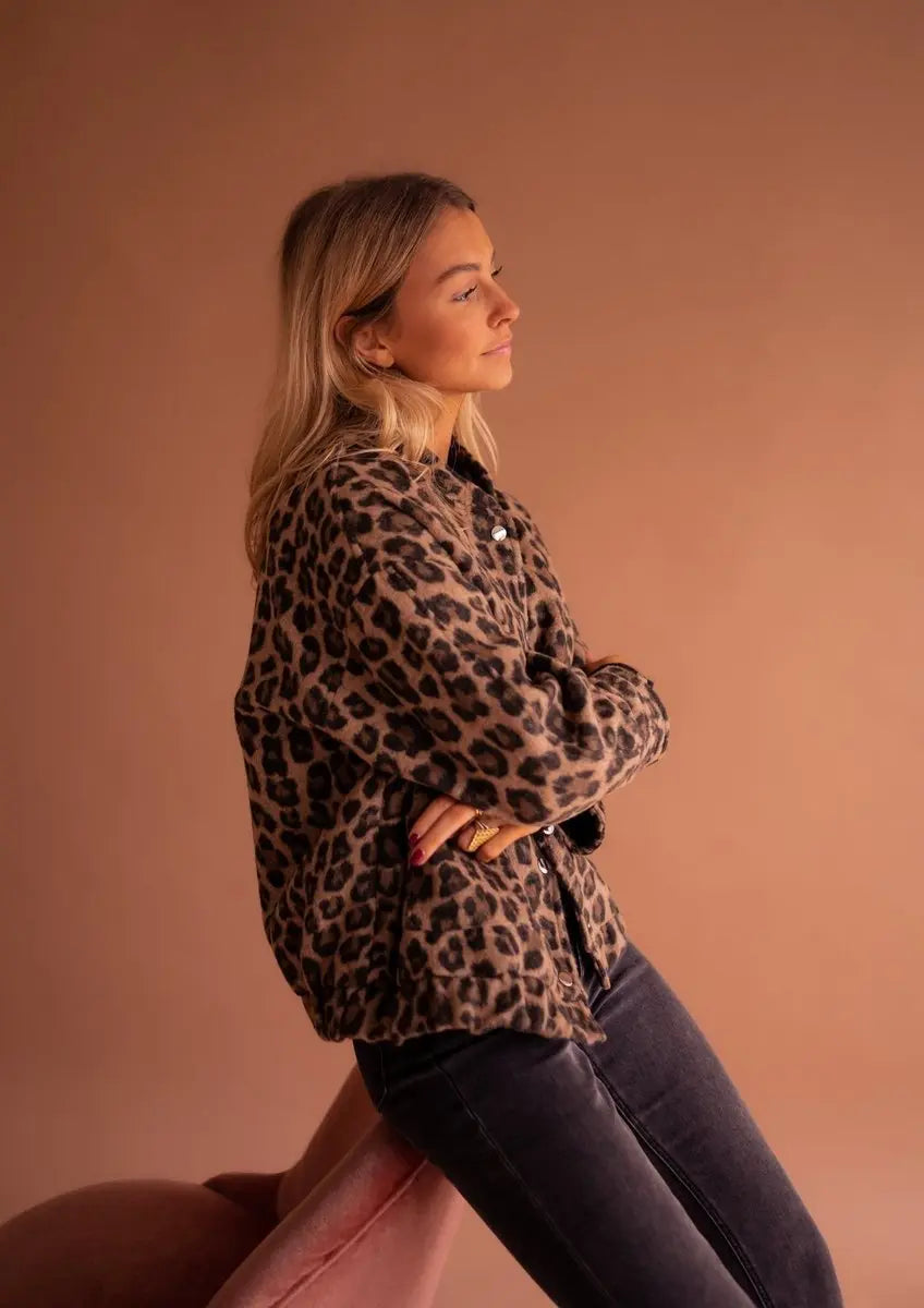 Women's Oversized Leopard Print Quilted Jacket Press-Stud Fastening