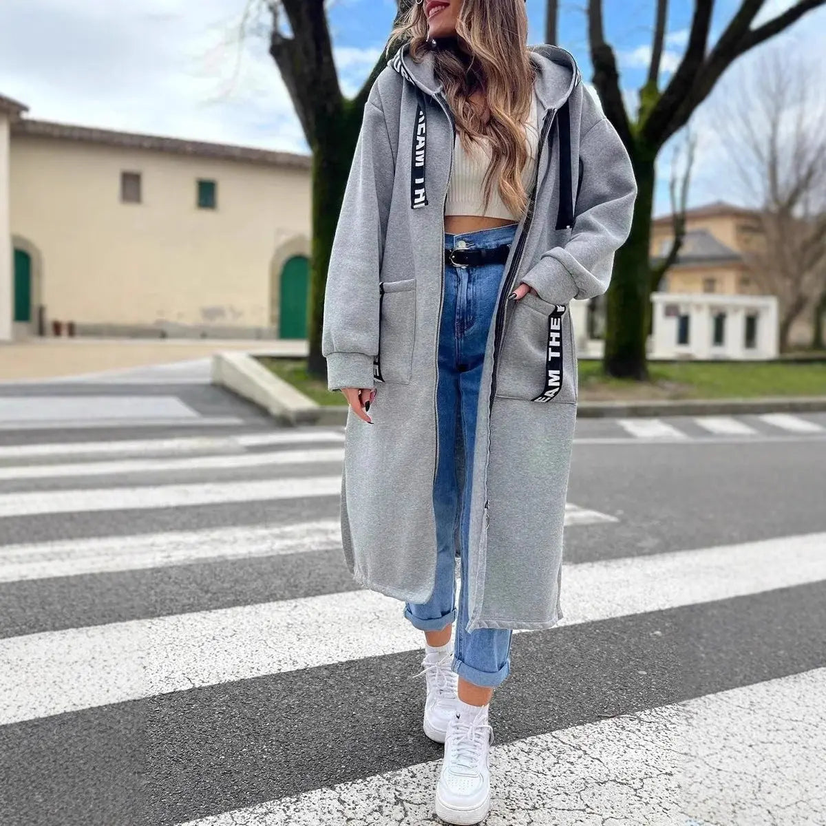 Women's Oversized Long Hooded Zip-Up Coat - Grey