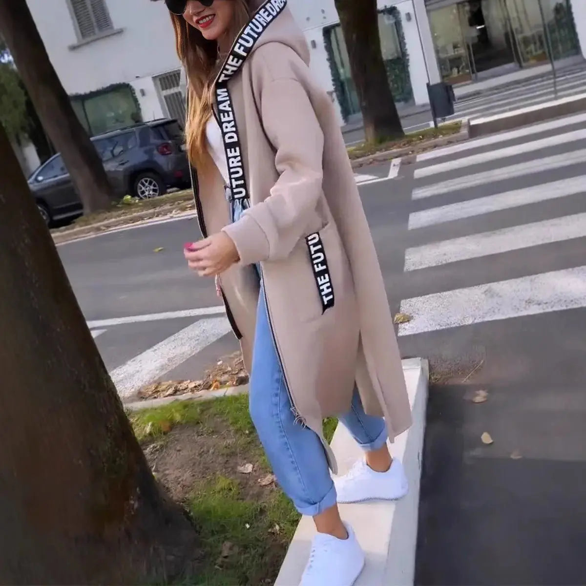 Women's Oversized Long Hooded Zip-Up Coat - Beige