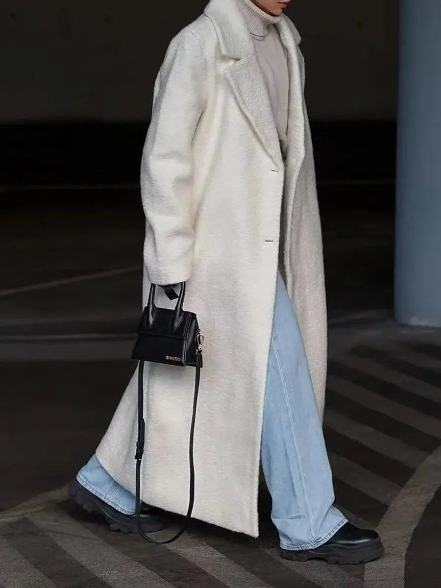 Women's Oversized Long Lapel Single-Breasted Wool-Look Coat