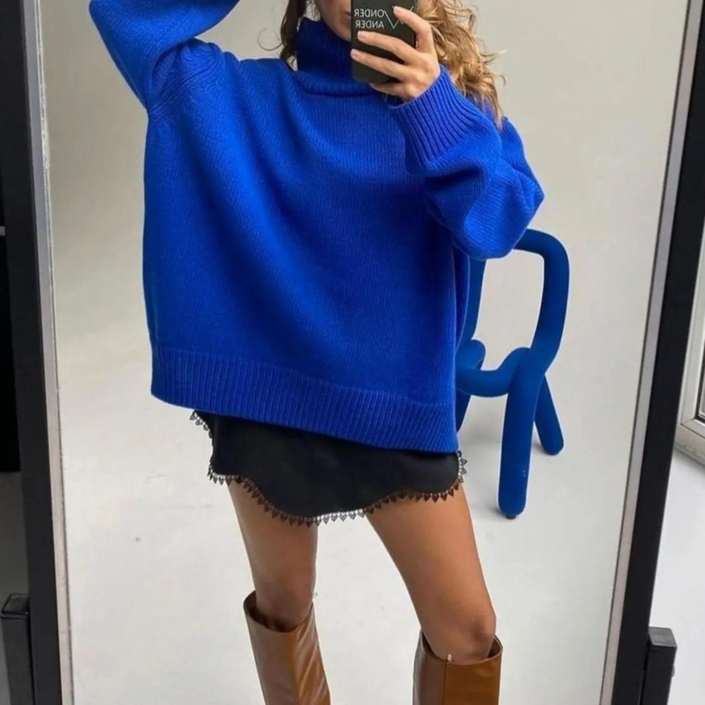 Women's Oversized Long-Sleeve Knit Turtleneck Jumper - Blue