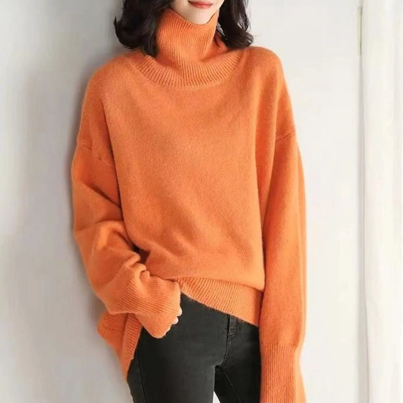 Women's Oversized Long-Sleeve Knit Turtleneck Jumper - Orange