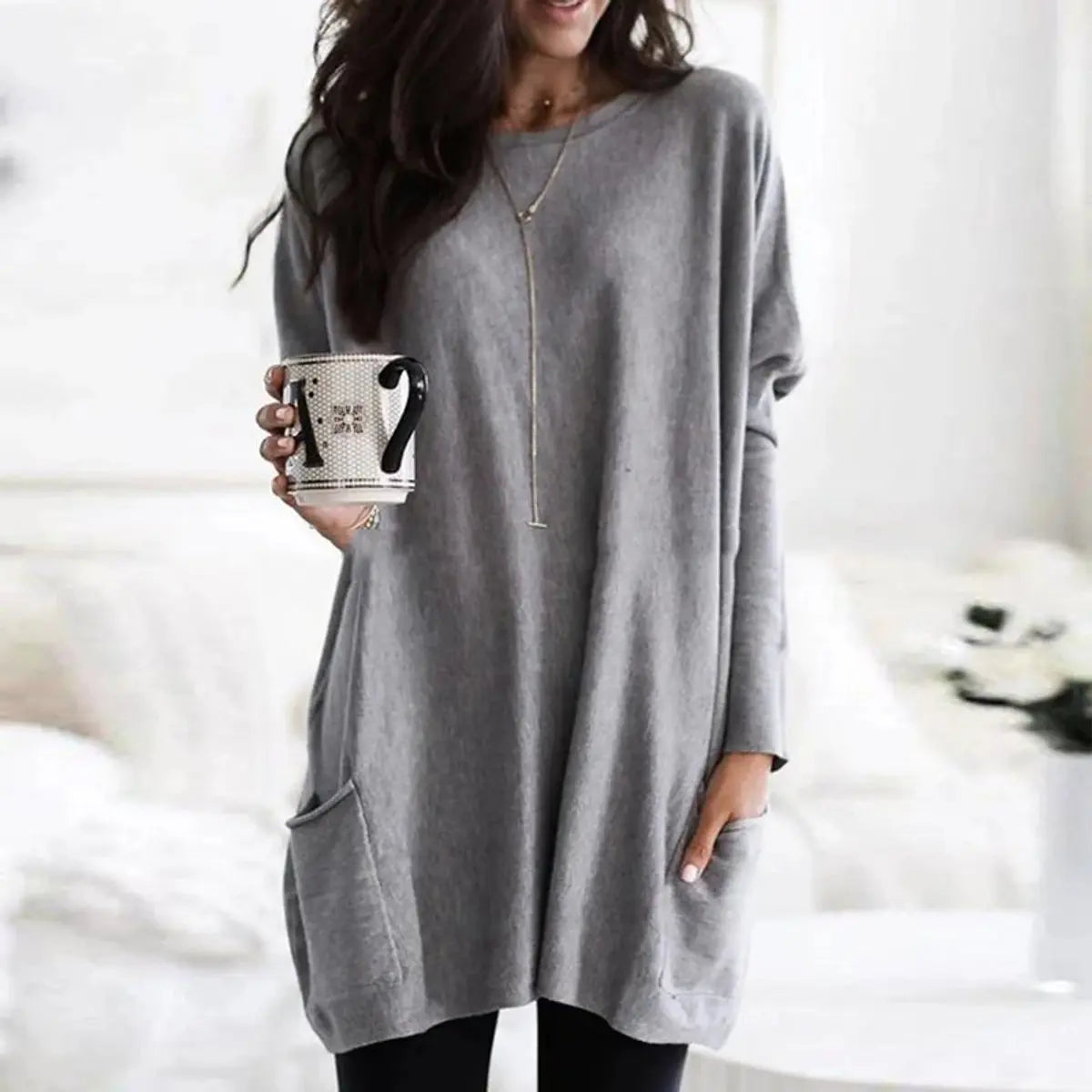 Women's Oversized Long Sleeve Pocket Tunic Jumper Plus Size - Grey