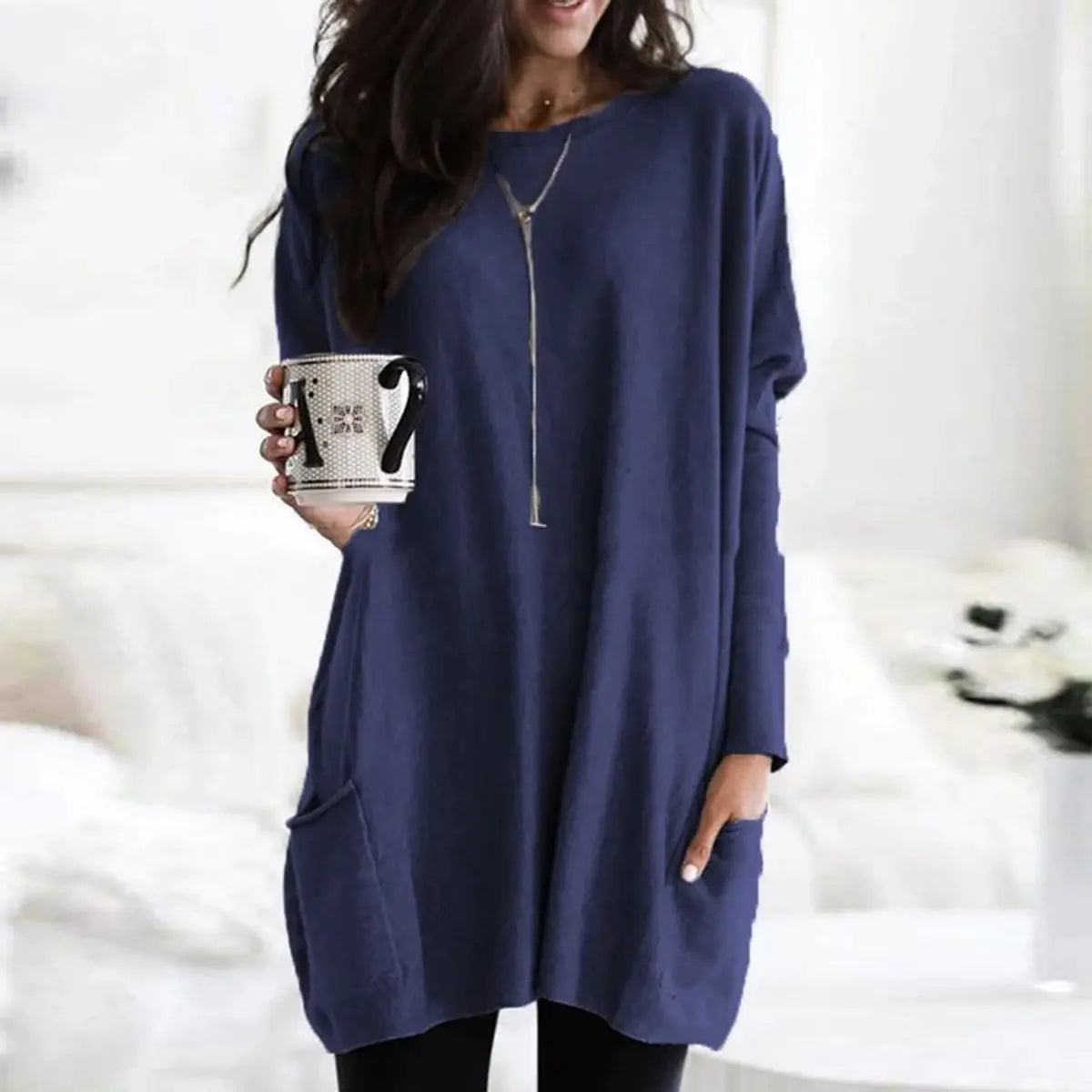 Women's Oversized Long Sleeve Pocket Tunic Jumper Plus Size - Navy Blue