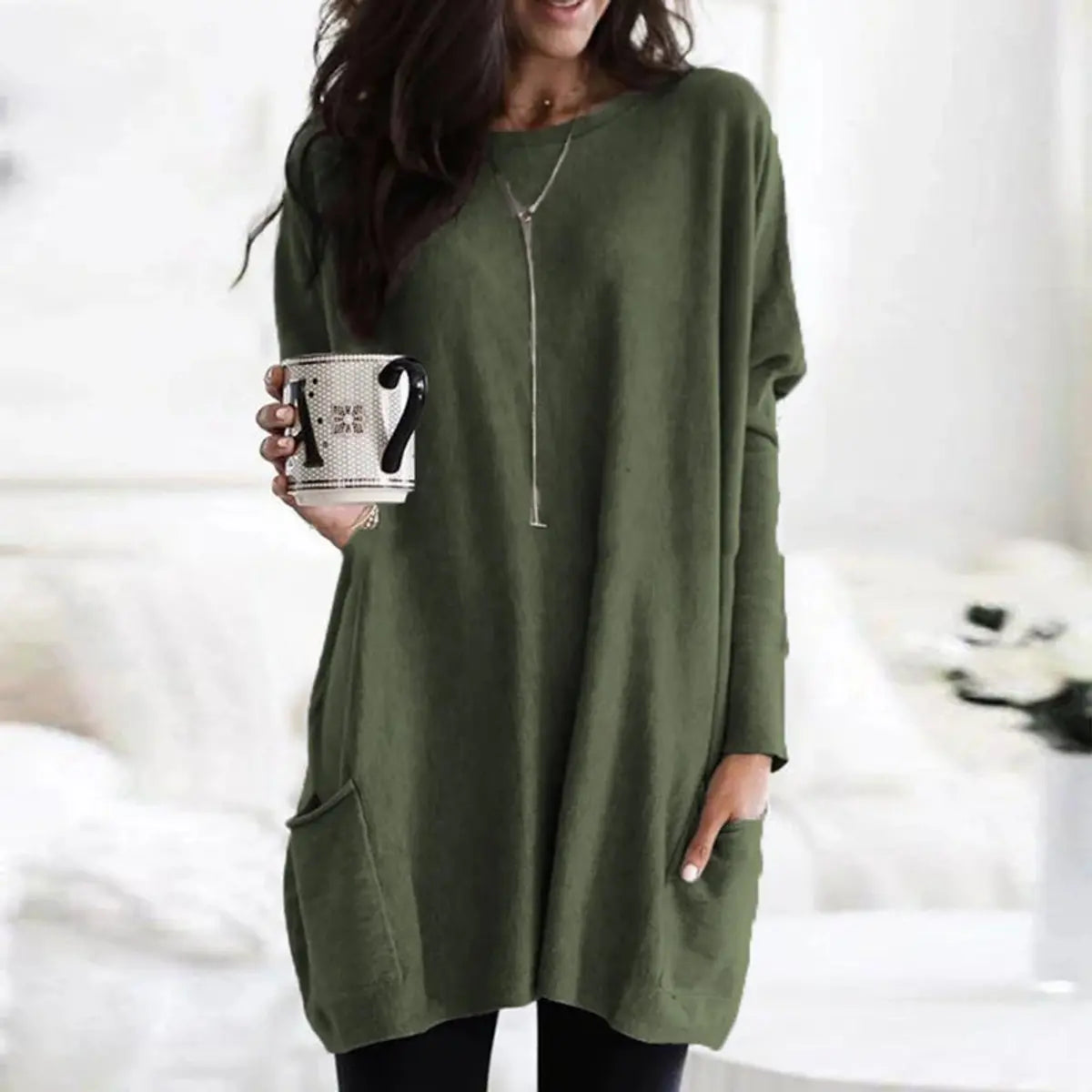 Women's Oversized Long Sleeve Pocket Tunic Jumper Plus Size - Olive Green