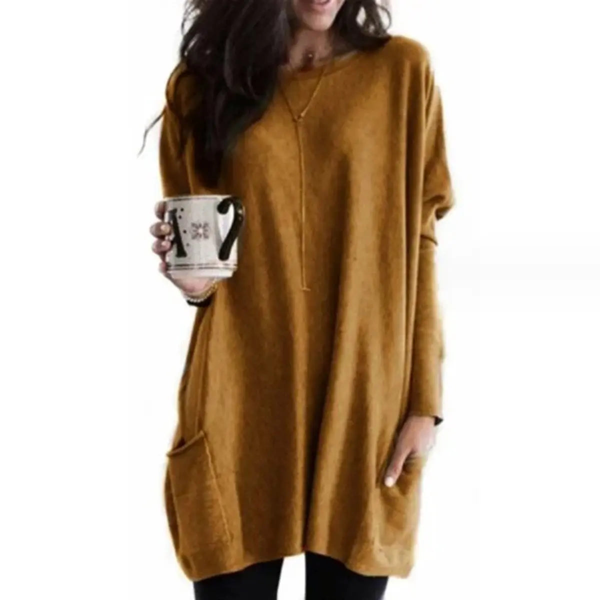 Women's Oversized Long Sleeve Pocket Tunic Jumper Plus Size - Brown
