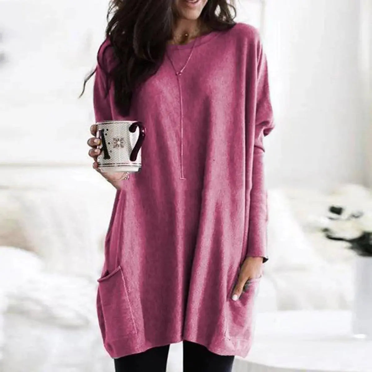 Women's Oversized Long Sleeve Pocket Tunic Jumper Plus Size - Pink