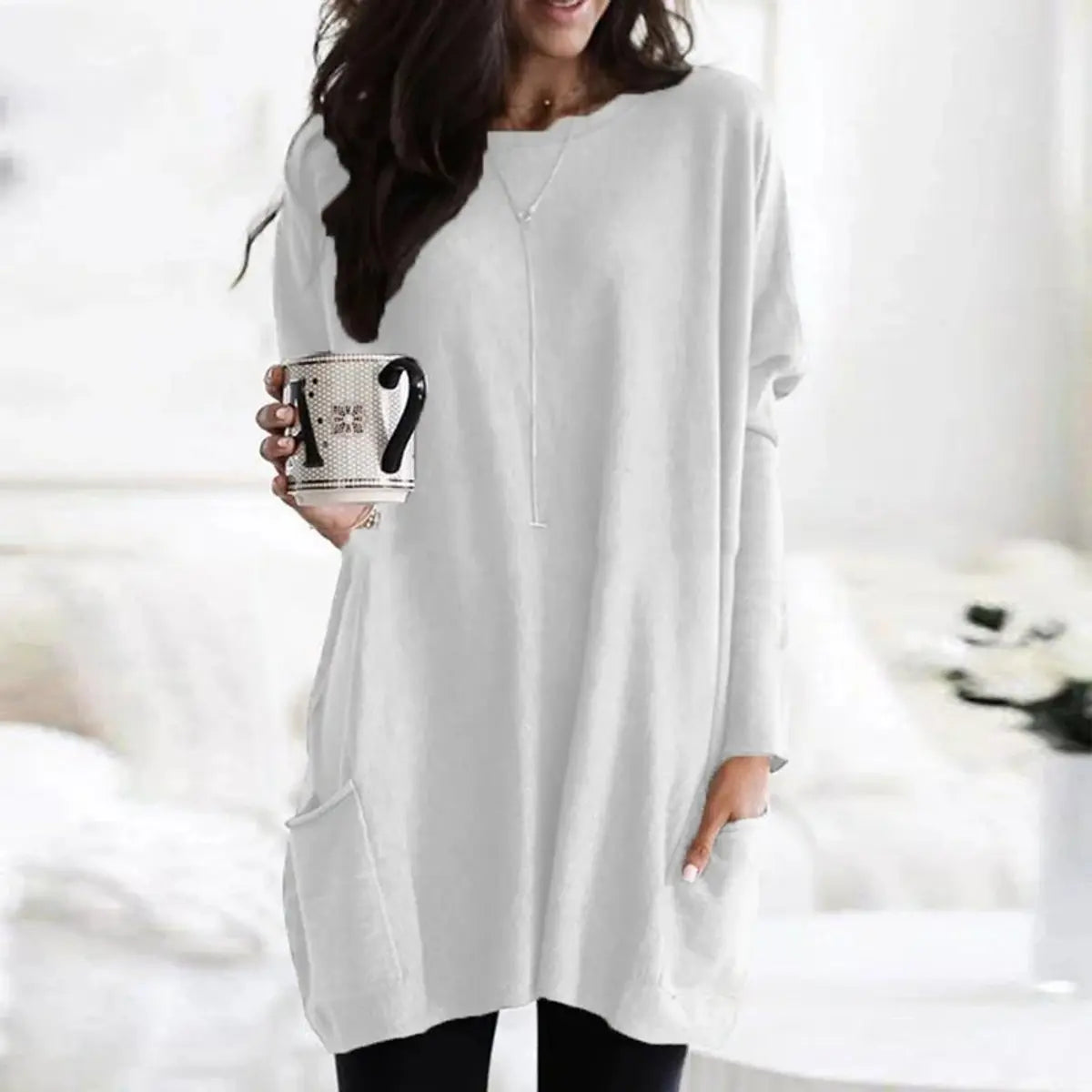 Women's Oversized Long Sleeve Pocket Tunic Jumper Plus Size - White