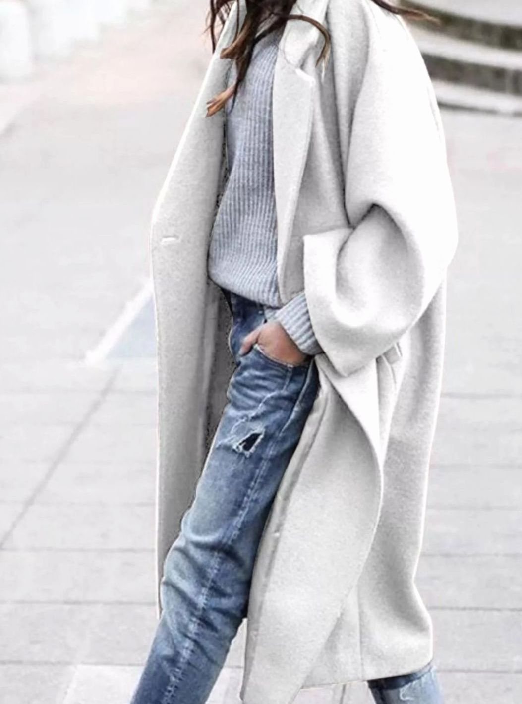 Women's Oversized Long Wool Coat Single-Breasted Winter Coat - White