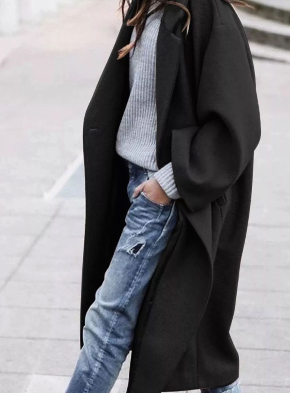 Women's Oversized Long Wool Coat Single-Breasted Winter Coat - Black