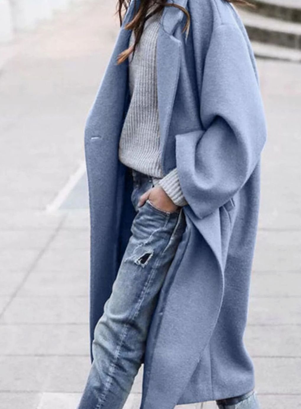 Women's Oversized Long Wool Coat Single-Breasted Winter Coat - Blue