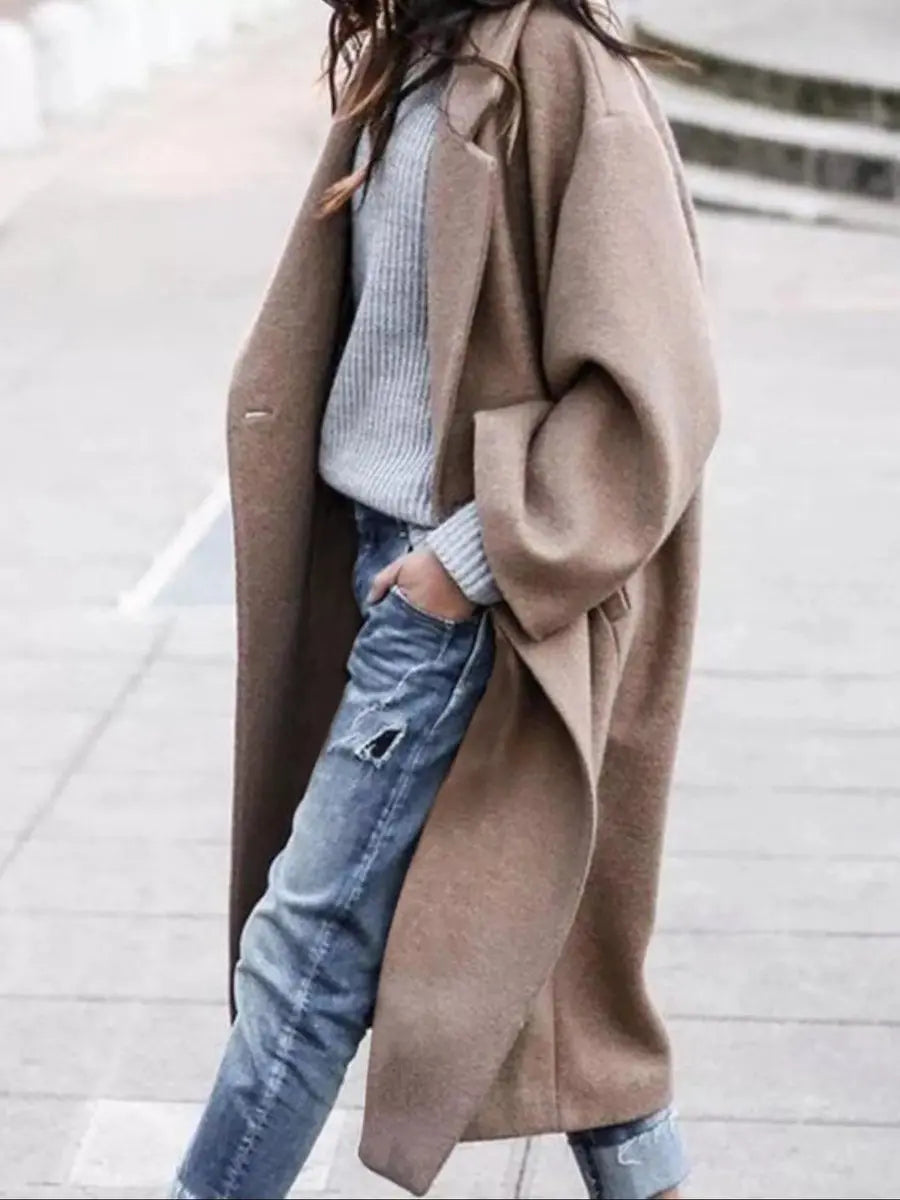 Women's Oversized Long Wool-Look Winter Coat Jacket - Khaki