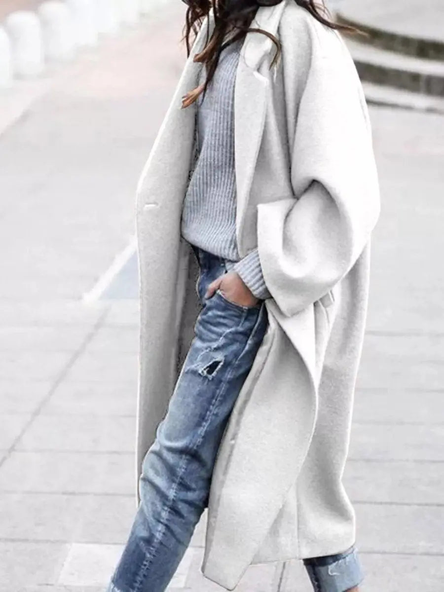 Women's Oversized Long Wool-Look Winter Coat Jacket - White