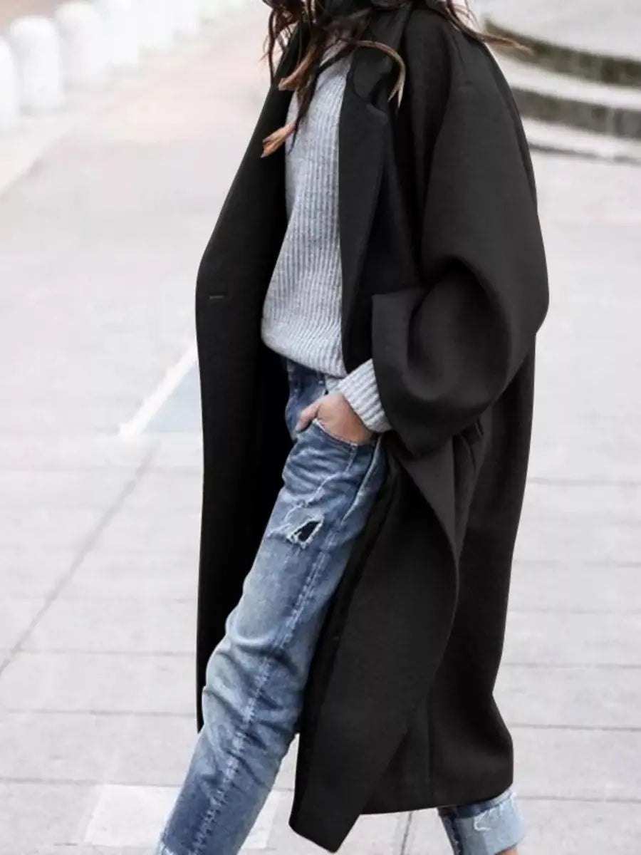 Women's Oversized Long Wool-Look Winter Coat Jacket - Black