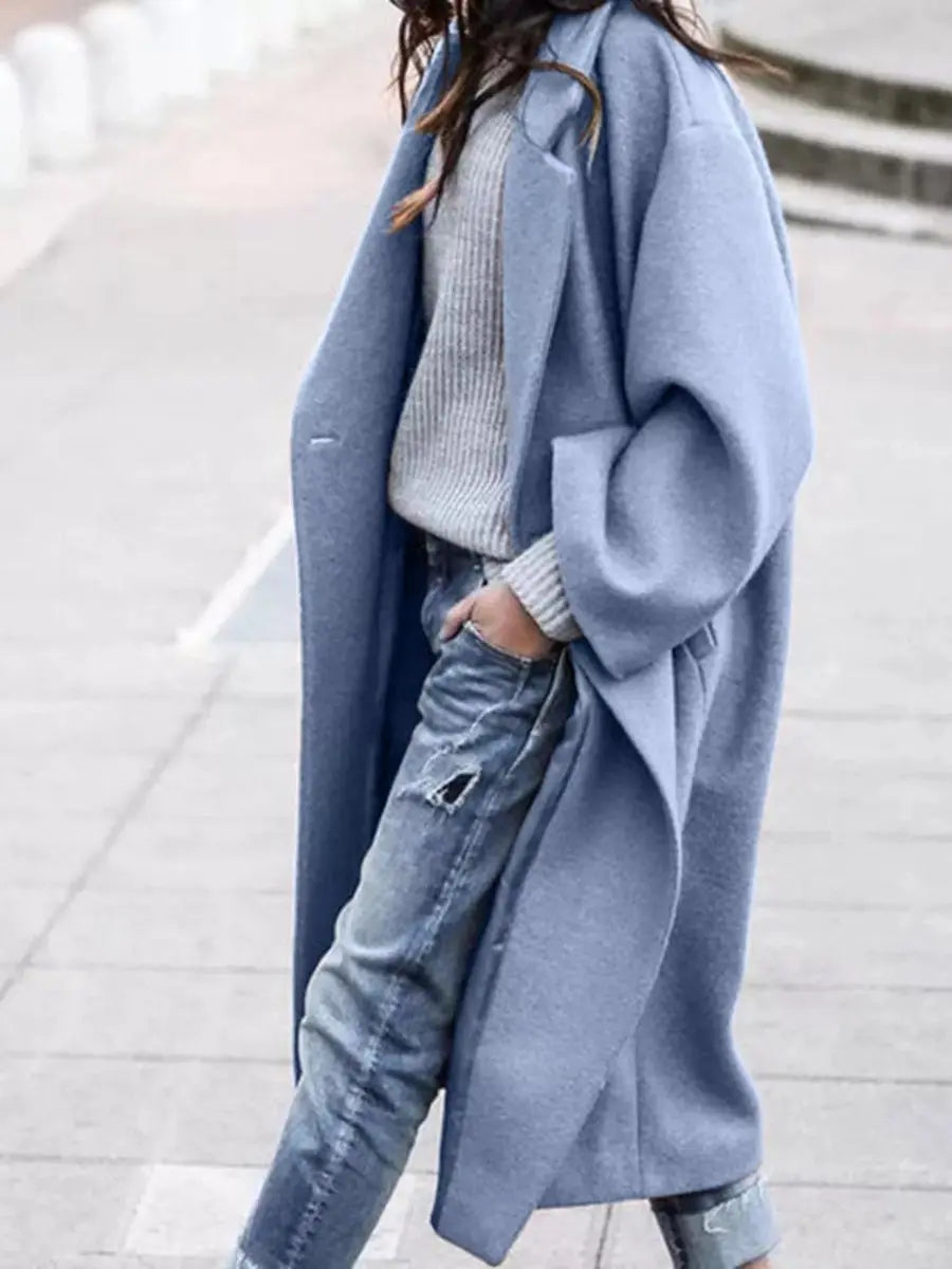 Women's Oversized Long Wool-Look Winter Coat Jacket - Blue