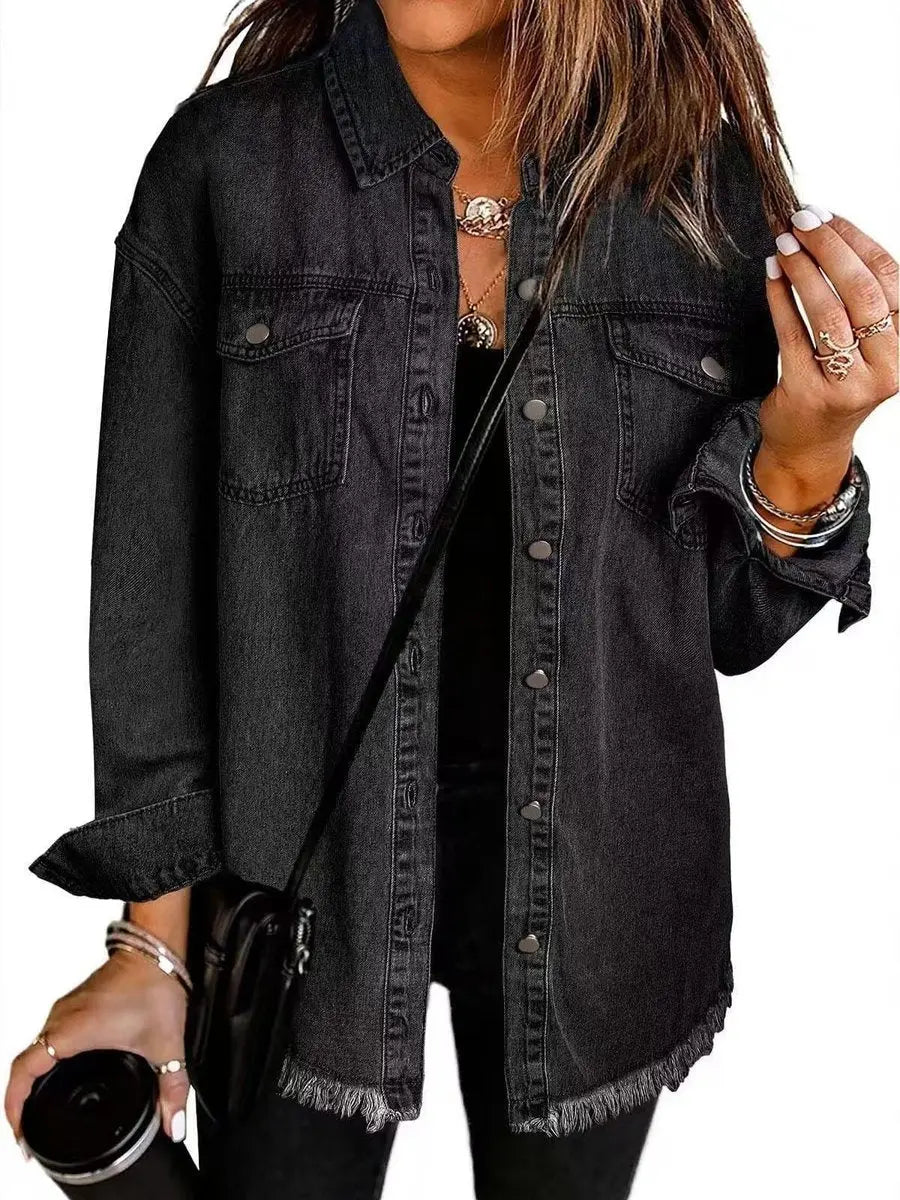 Women's Oversized Longline Denim Jacket Raw Hem Snap Button - Black