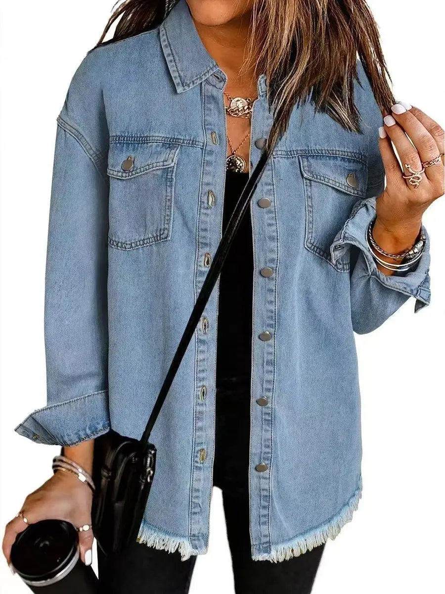 Women's Oversized Longline Denim Jacket Raw Hem Snap Button - Light Blue
