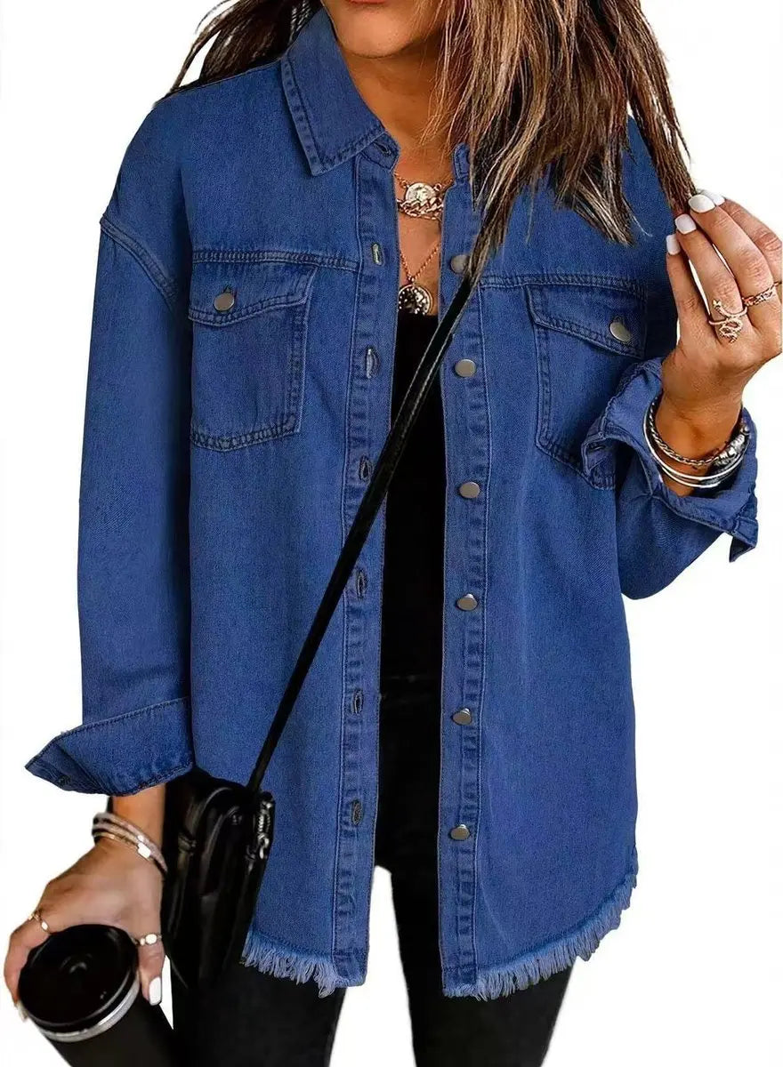 Women's Oversized Longline Denim Jacket Raw Hem Snap Button - Dark Blue