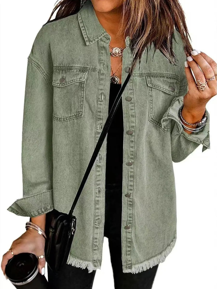 Women's Oversized Longline Denim Jacket Raw Hem Snap Button - Olive Green
