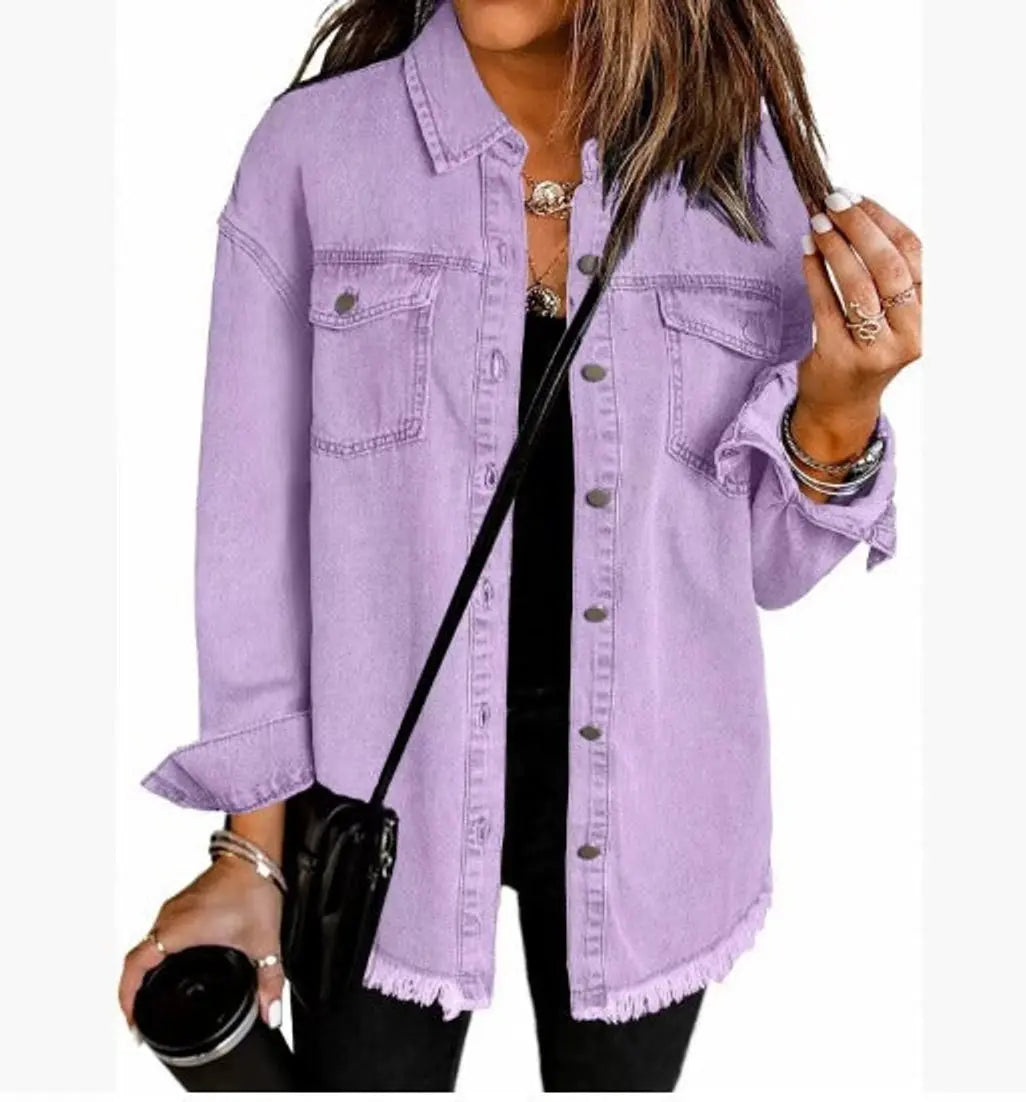 Women's Oversized Longline Denim Jacket Raw Hem Snap Button