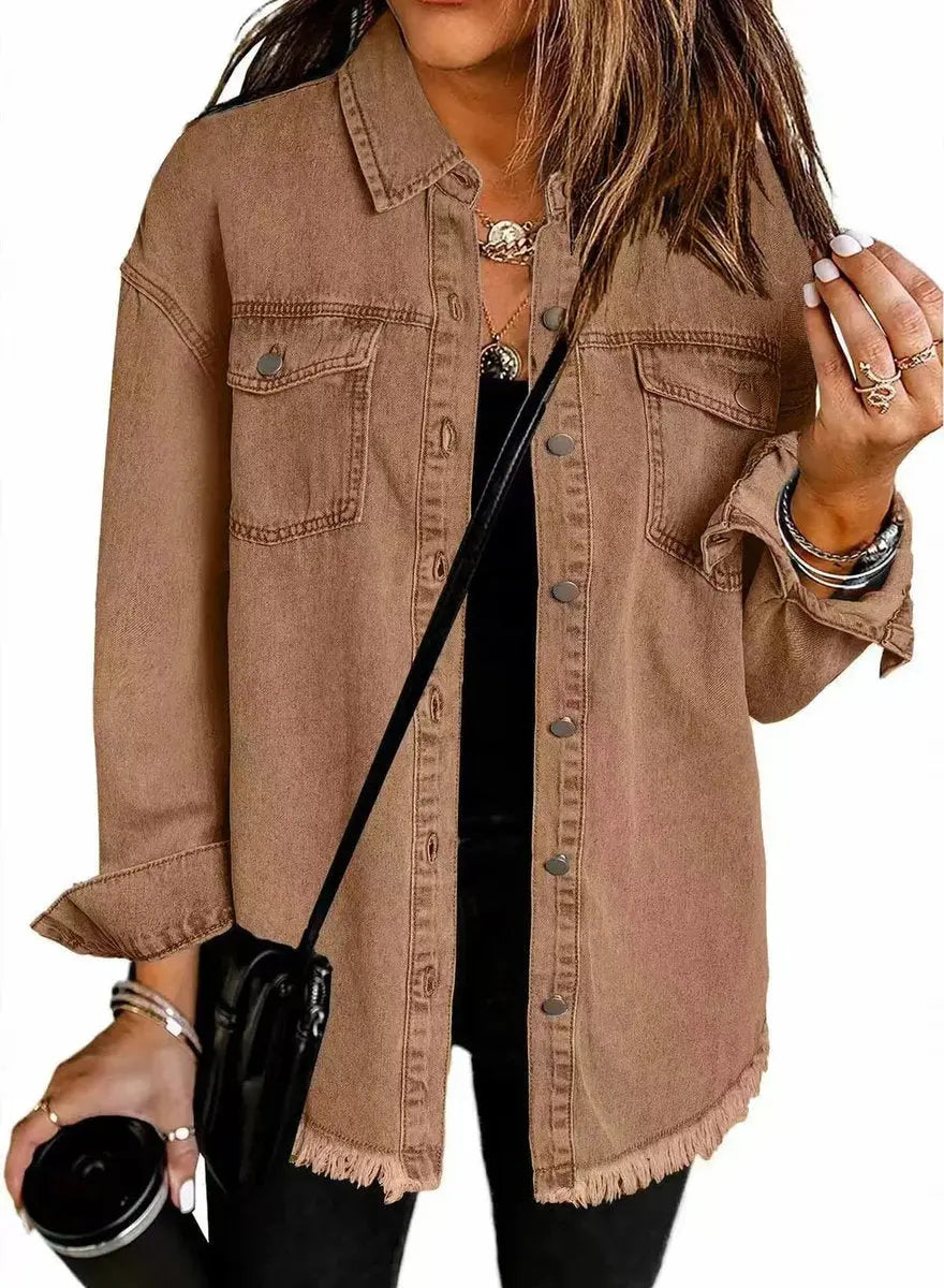 Women's Oversized Longline Denim Jacket Raw Hem Snap Button - Brown