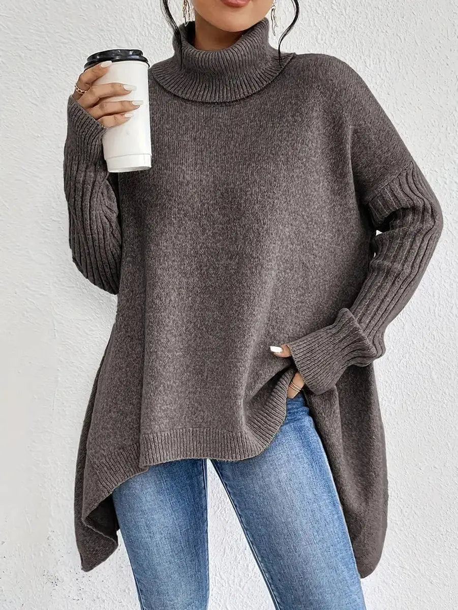 Women's Oversized Longline Ribbed Turtleneck Sweater Jumper - Espresso Brown