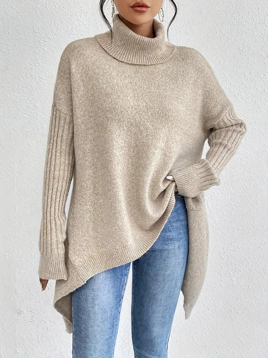 Women's Oversized Longline Ribbed Turtleneck Sweater Jumper