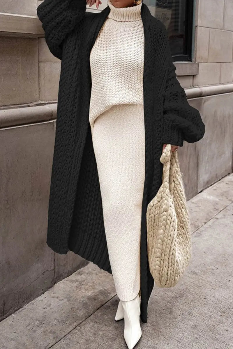 Women's Oversized Open-Front Longline Chunky Knit Cardigan - Black